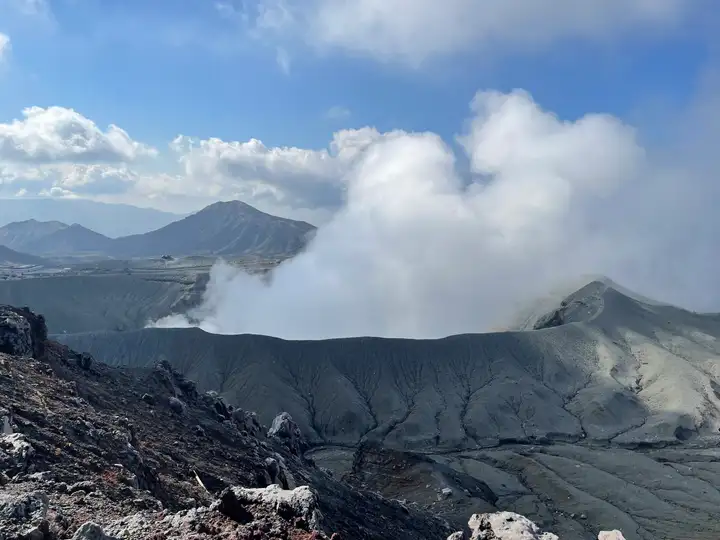 View of Aso Nakadake Crater with active volcanic gases