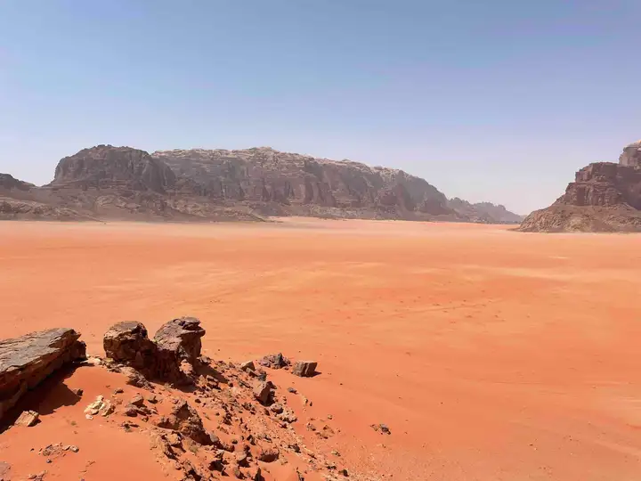 Red sand and rock formations in northern Wadi Rum